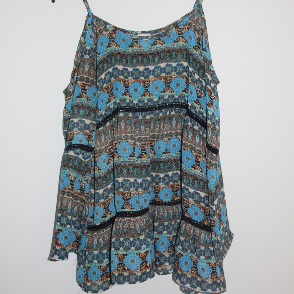Blue patterned off the shoulder blouse.